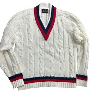 VTG Campus Cable‎ Knit Cricket Sweater Men’s White Red Navy Trim V-Neck